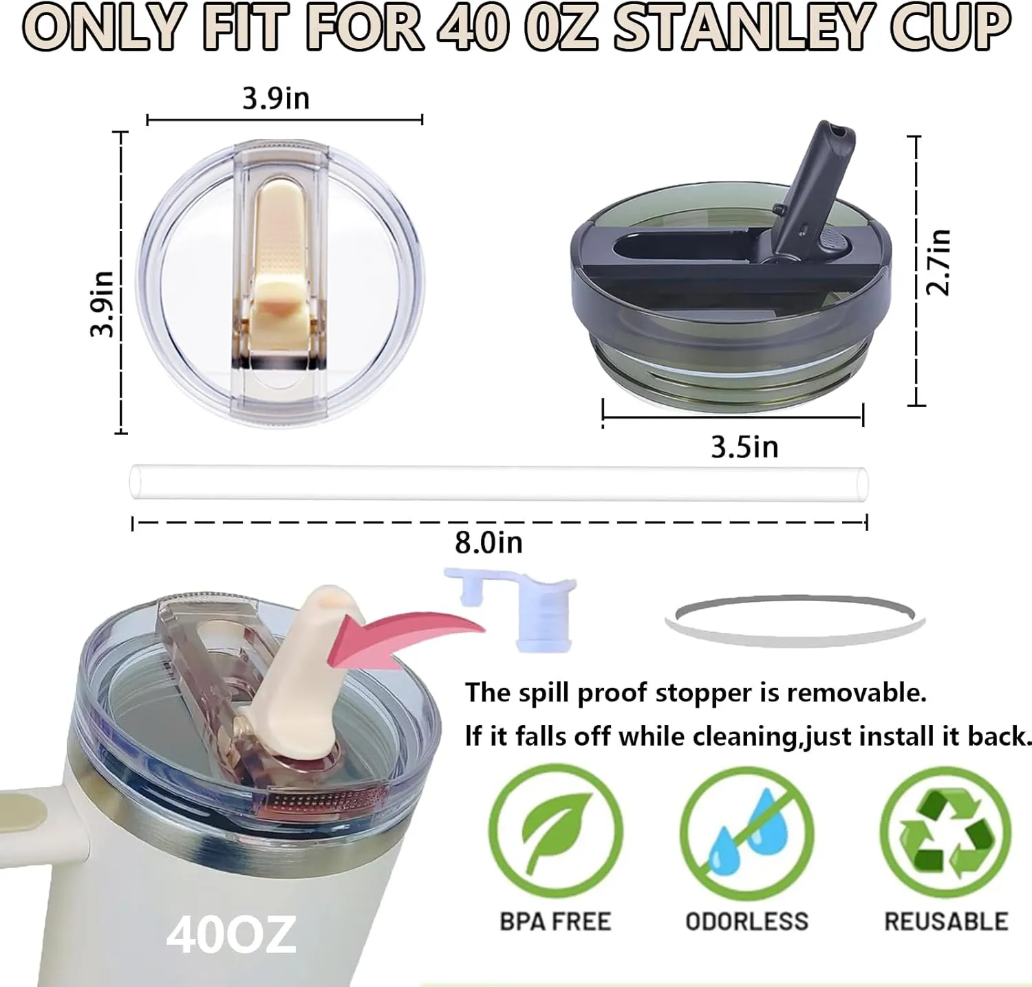 2 Pack 40oz Detachable ProTour Flip Straw Leak Proof Lid, Replacement Lid 40 oz apply to H2.0 Quencher(Cream&Black)