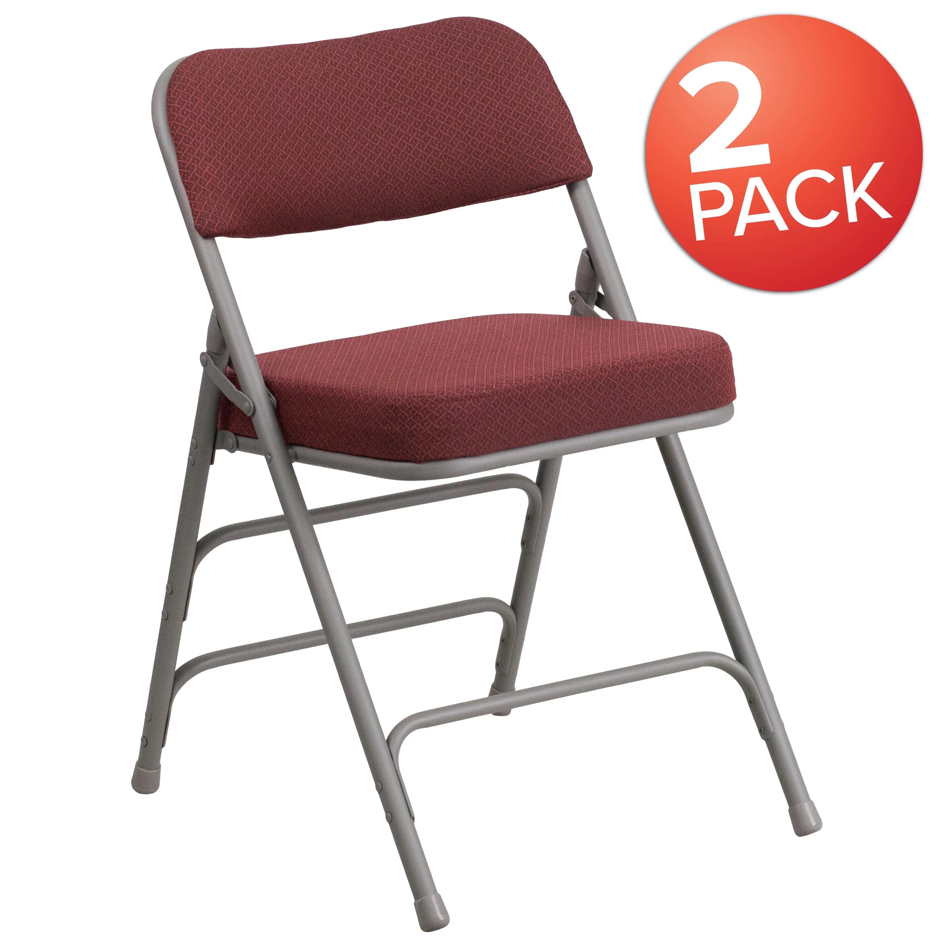 2 Pack HERCULES Series Premium Curved Triple Braced & Double Hinged Burgundy Fabric Metal Folding Chair