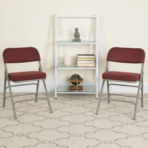 2 Pack HERCULES Series Premium Curved Triple Braced & Double Hinged Burgundy Fabric Metal Folding Chair