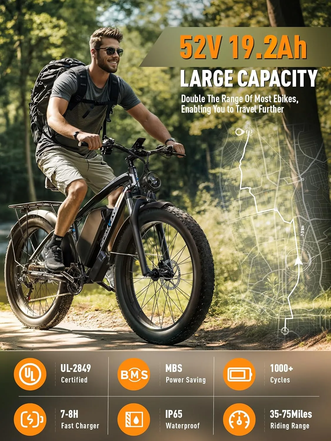24"/26" Ebike for Adults Electric, Peak 2500W E-Bike, 52V 19.2Ah, Max 40MPH&70Miles, Hydraulic Disc Brake, Off Road Snow Mountain Pedal Assist E-Bikes, Fat Tire Fast E-Bicycle, UL Certified