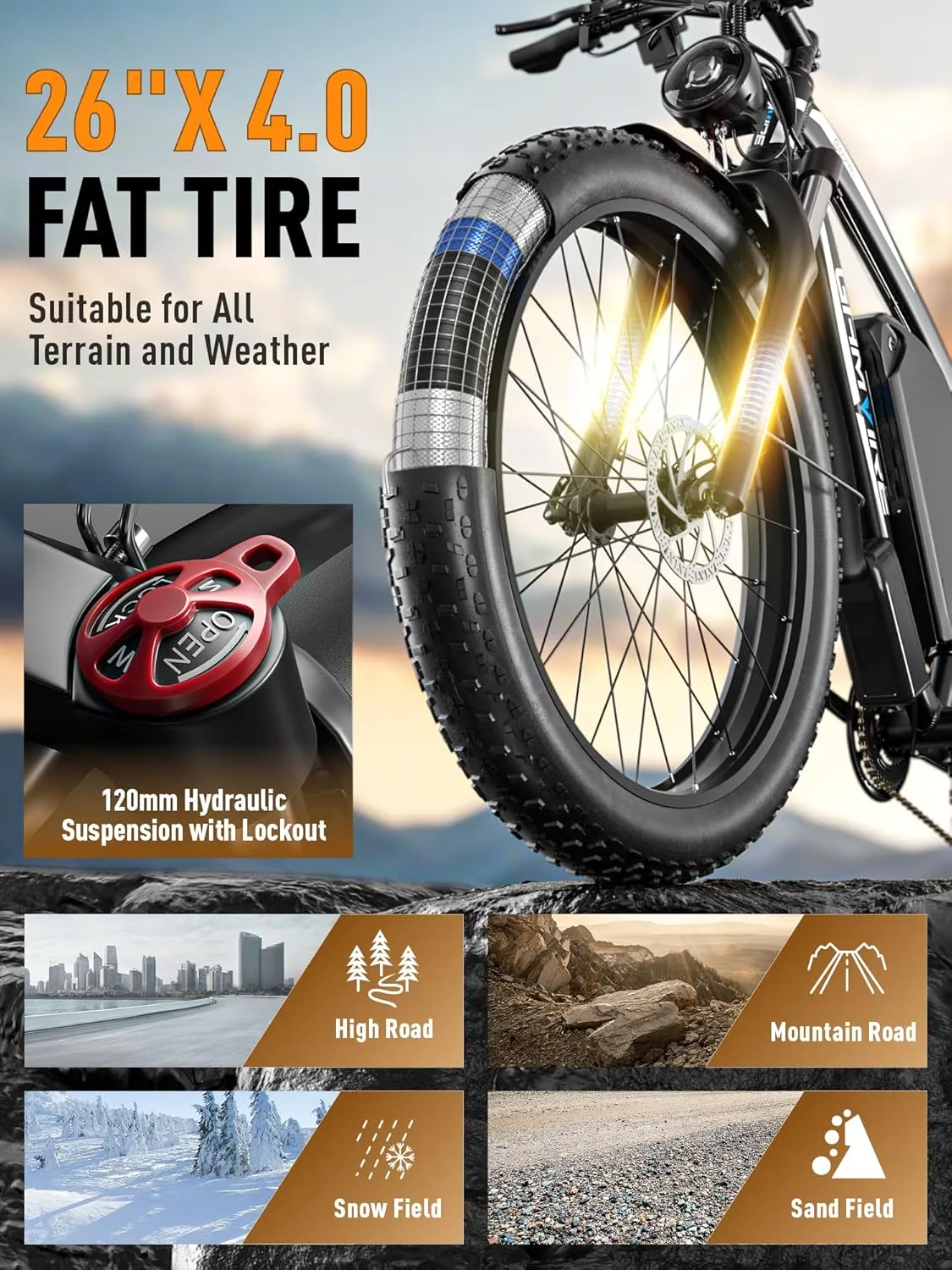 24"/26" Ebike for Adults Electric, Peak 2500W E-Bike, 52V 19.2Ah, Max 40MPH&70Miles, Hydraulic Disc Brake, Off Road Snow Mountain Pedal Assist E-Bikes, Fat Tire Fast E-Bicycle, UL Certified