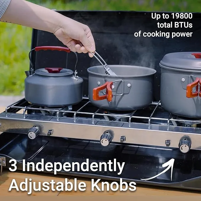 3-Burner Propane Camping Stove 19800 BTUs, Portable Camp Stove with 3 Adjustable Burners, Portable Camping Grill, Built-in Carrying Handle For for Car Camping BBQ Picnics Cooking
