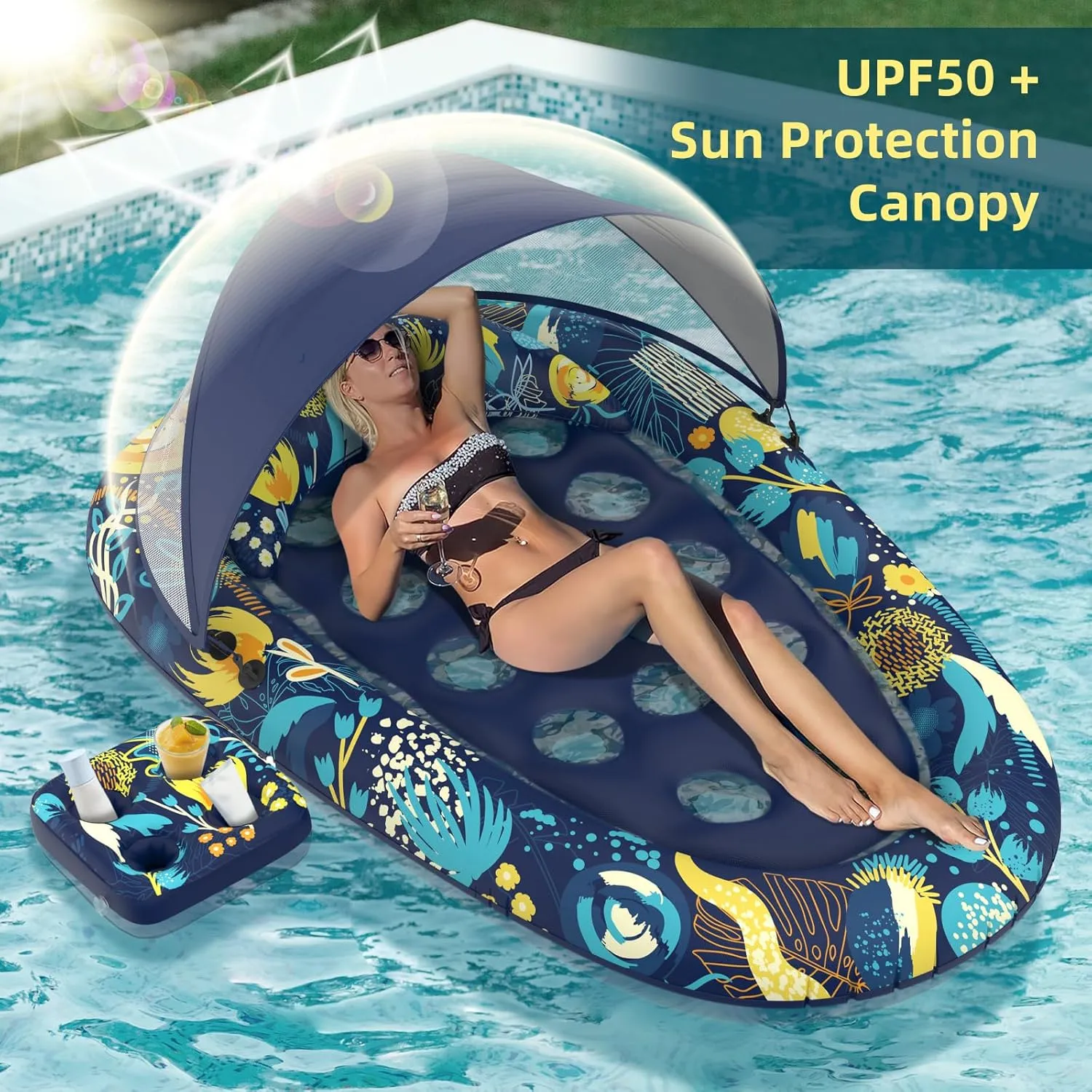 3-in-1 Pool Floats with Canopy and Cup Holder, 73" x 48" Inflatable Pool Floats for Adults Lounger Raft Floating Chair for Swimming Pool Lake Water Lounge Float Beach Pool Party Toys