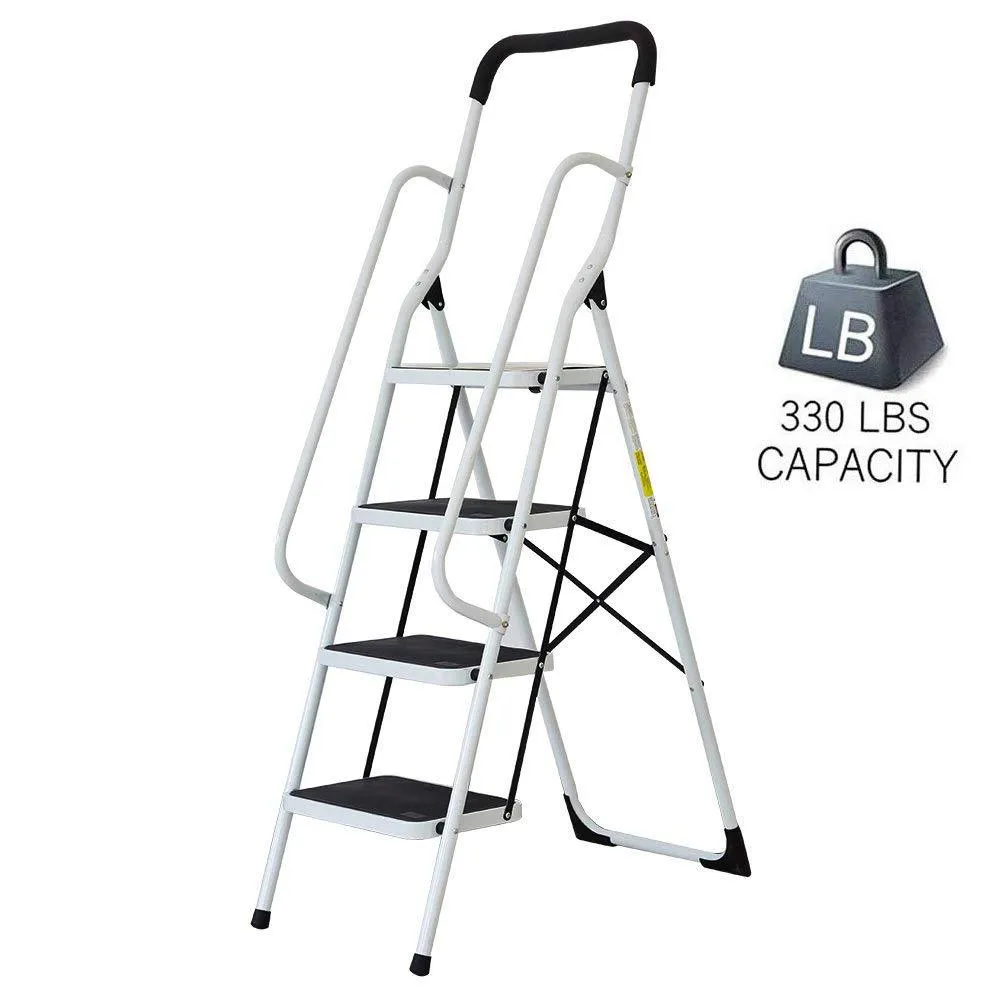 4 Steps Ladder Folding Step Stool With Hand Grip Non-Slip Safety Rails 330 lb Load Capacity