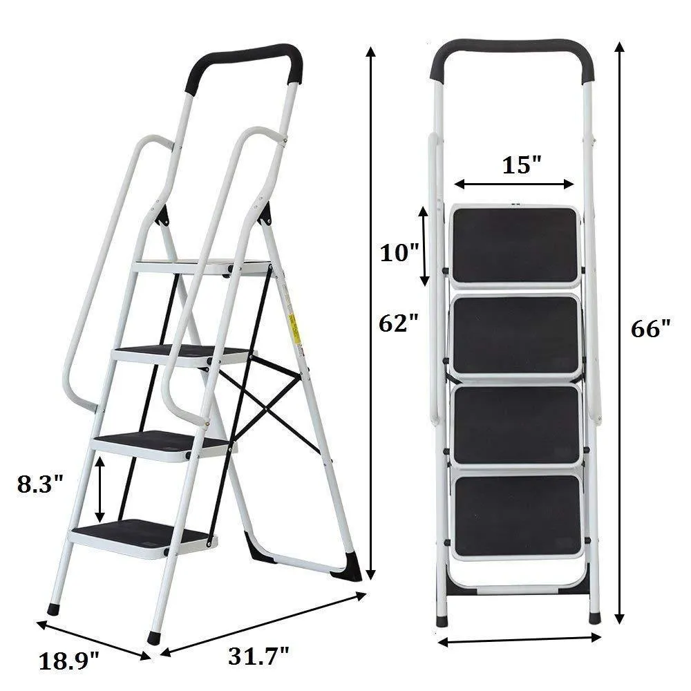 4 Steps Ladder Folding Step Stool With Hand Grip Non-Slip Safety Rails 330 lb Load Capacity