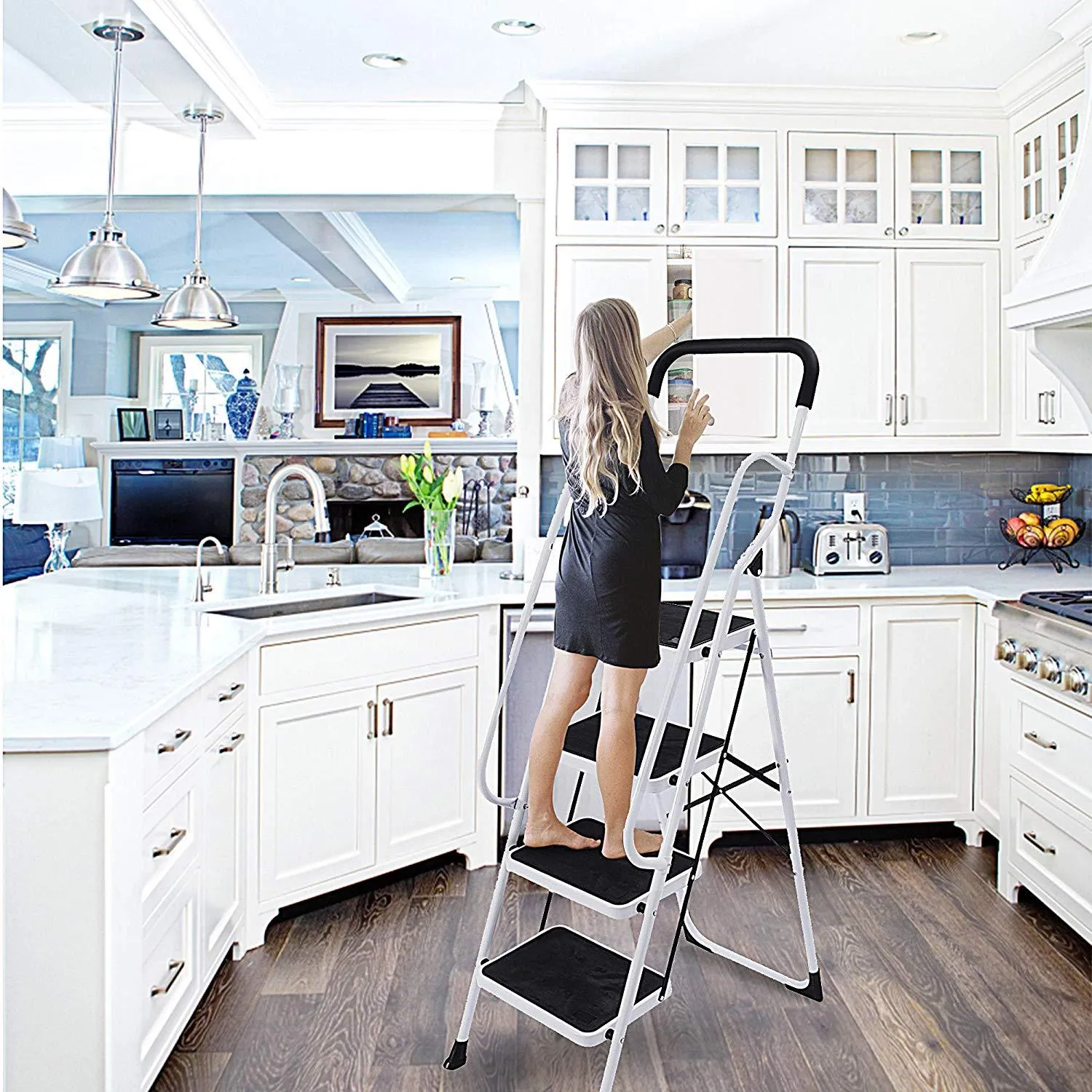 4 Steps Ladder Folding Step Stool With Hand Grip Non-Slip Safety Rails 330 lb Load Capacity