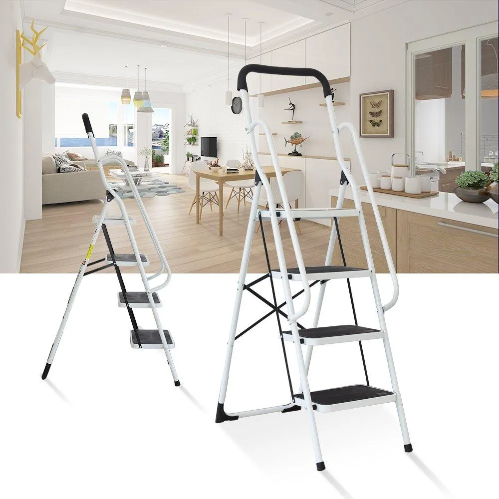 4 Steps Ladder Folding Step Stool With Hand Grip Non-Slip Safety Rails 330 lb Load Capacity
