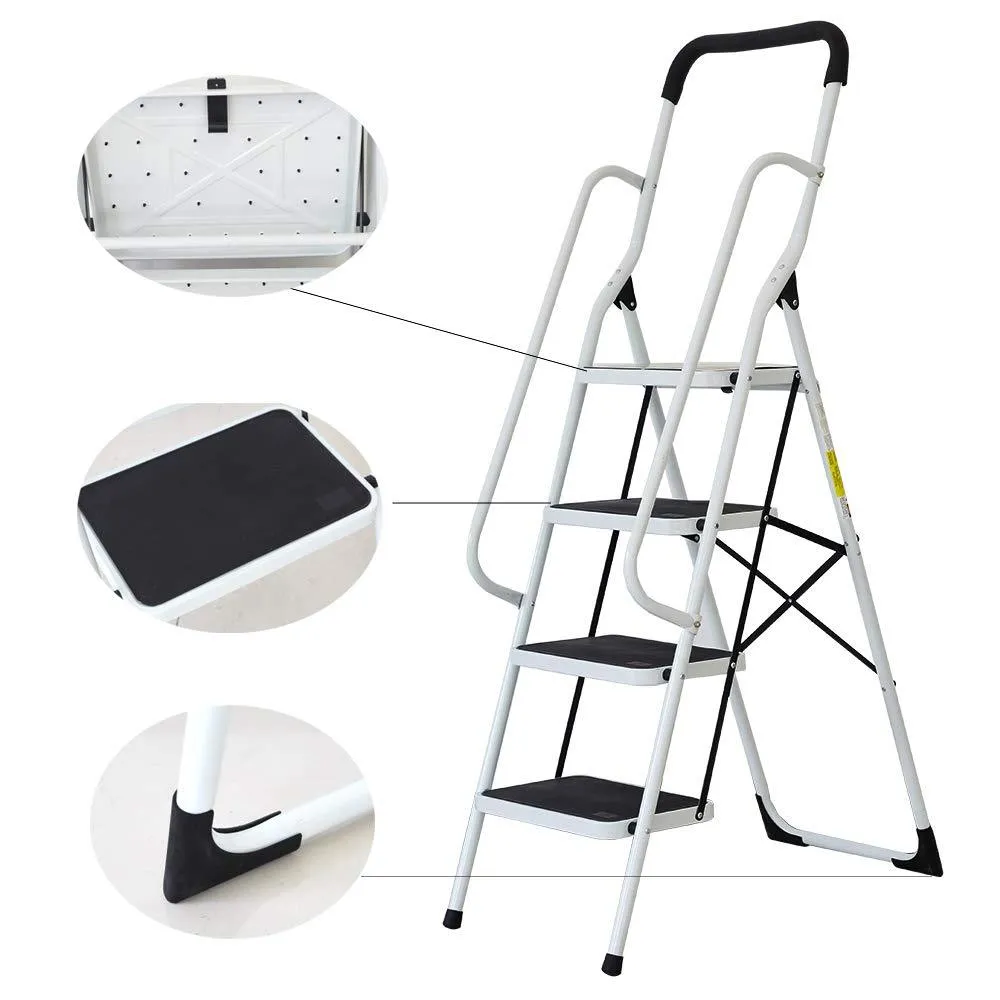 4 Steps Ladder Folding Step Stool With Hand Grip Non-Slip Safety Rails 330 lb Load Capacity