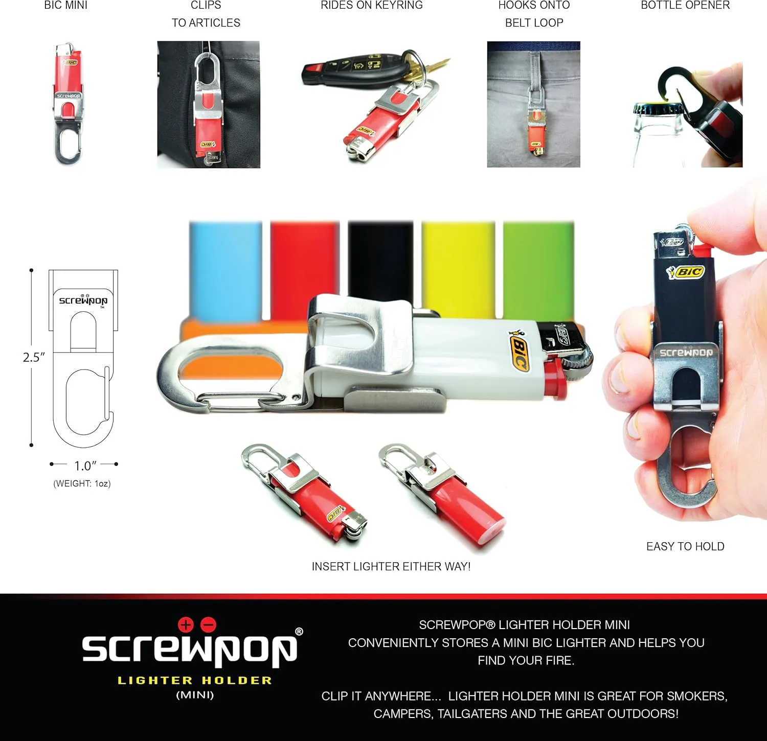 Bic MINI Lighter Holder Keychain Multi Tool with Carabiner Clip and Bottle Opener Stainless Steel Construction (Lighter Not Included)