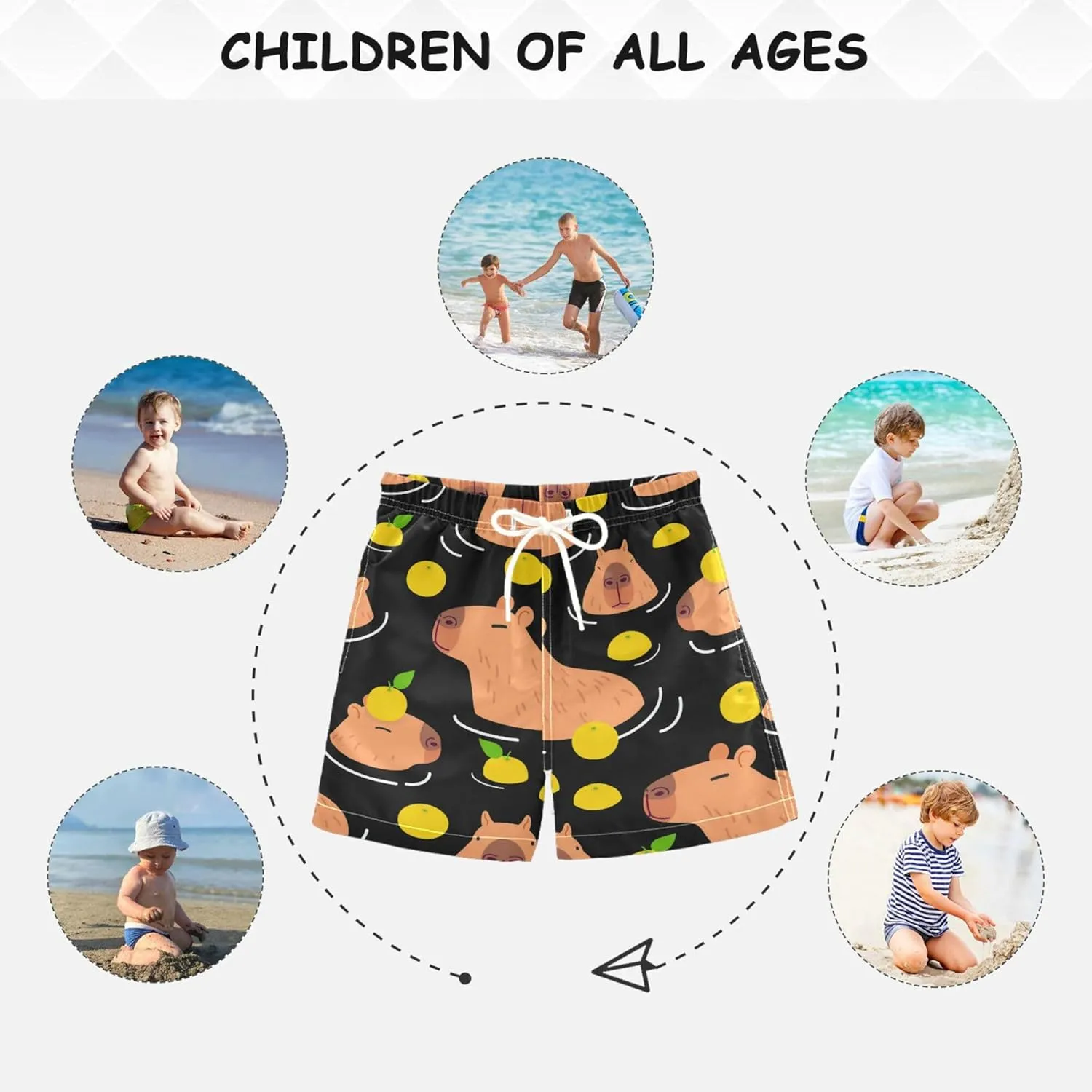 Boys Swim Trunks Capybara Surfing Swimwear Quick Dry Bathing Suit Colorful Beach Board Shorts