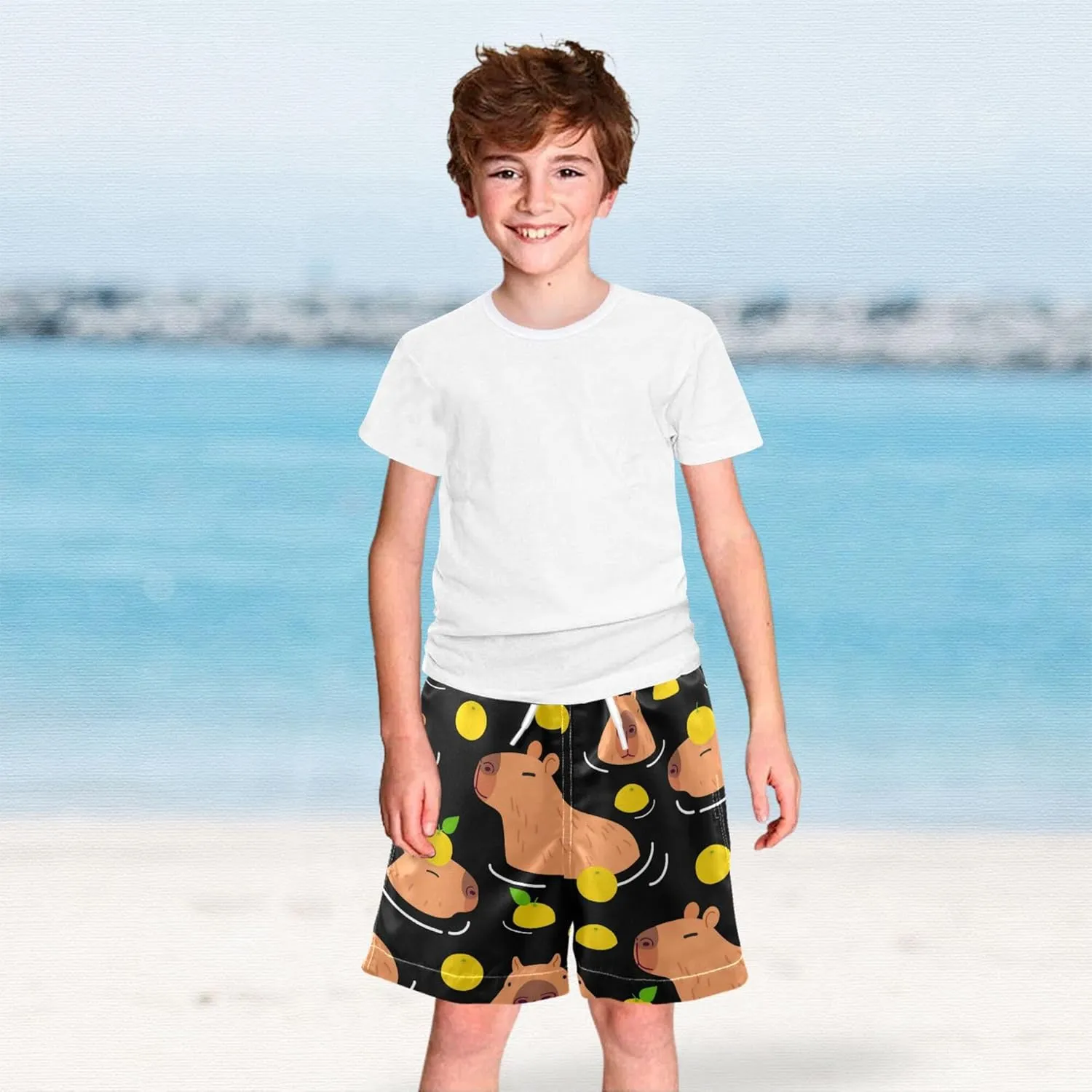 Boys Swim Trunks Capybara Surfing Swimwear Quick Dry Bathing Suit Colorful Beach Board Shorts