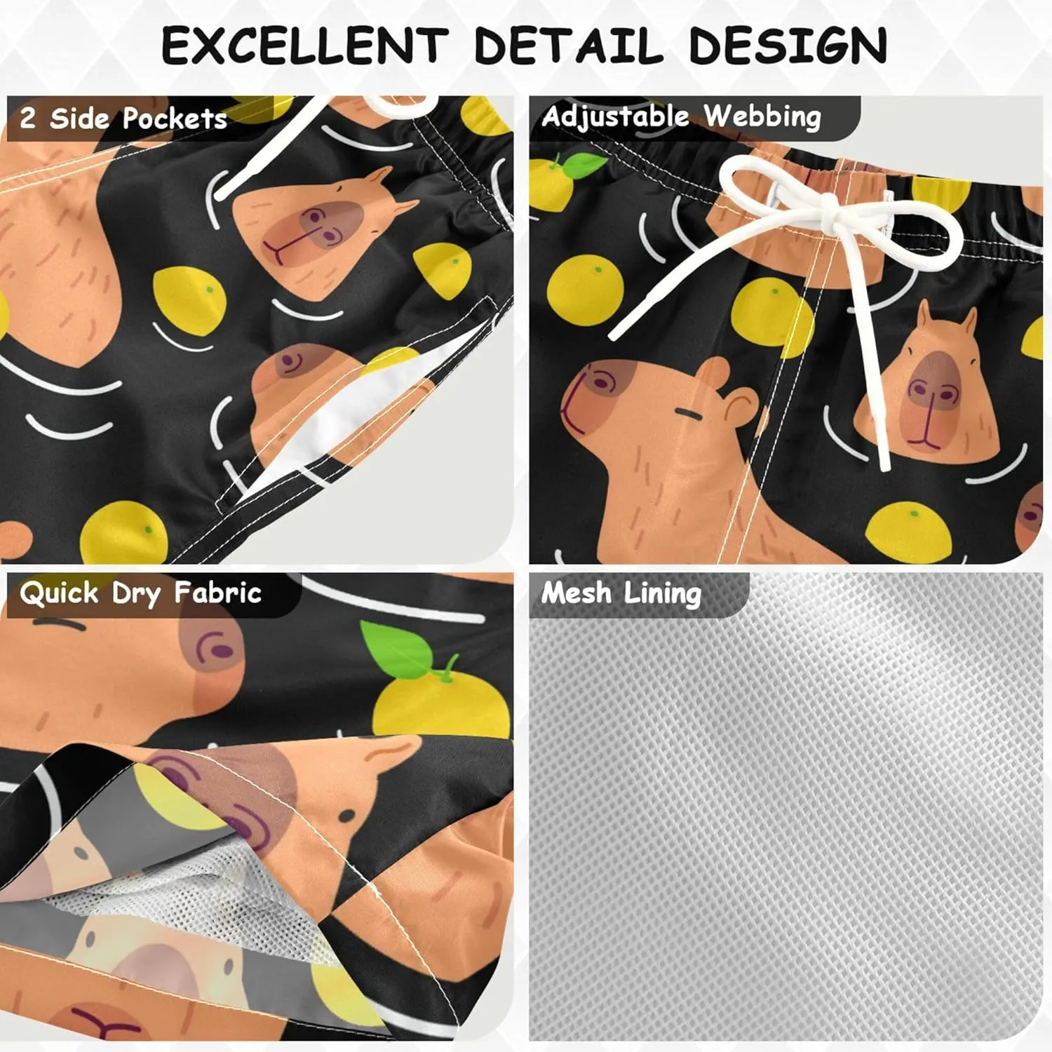 Boys Swim Trunks Capybara Surfing Swimwear Quick Dry Bathing Suit Colorful Beach Board Shorts
