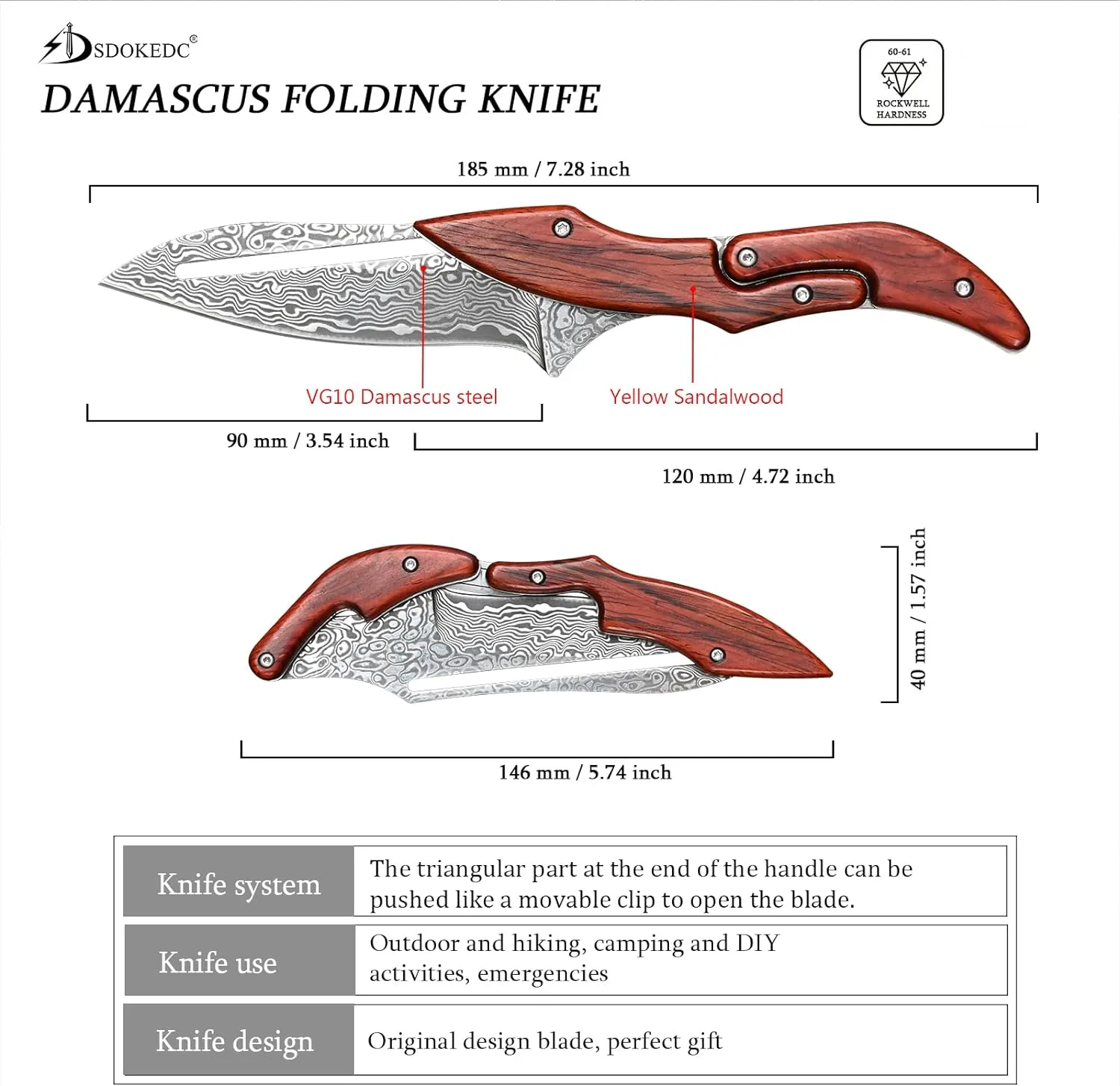 Damascus Steel Folding Knife Pocket Knife Yellow Sandalwood Handle Mechanical Lock Outdoor Camping Survival (Curved blade)