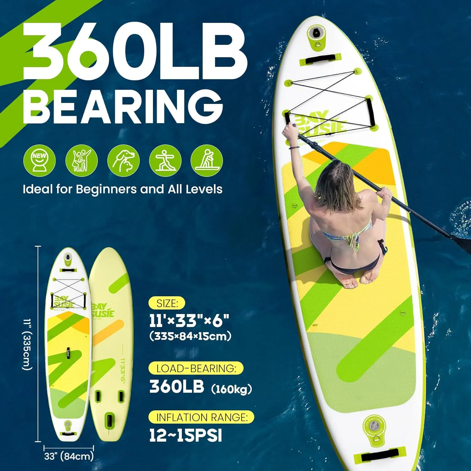 Inflatable Stand Up Paddle Board with SUP Accessories,Extra Wide Paddle Board Inflatable,Anti-Slip EVA Deck, Double Action Pump, 2 1 Removal Fins for Youth & Adult