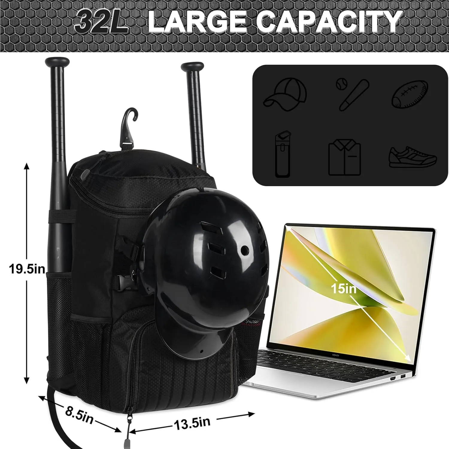 Lightweight Baseball Bat Backpack with Shoe Compartment, Softball Gift for Women with Fence Hook & Batting Glove, Helmet | Multiple Colors