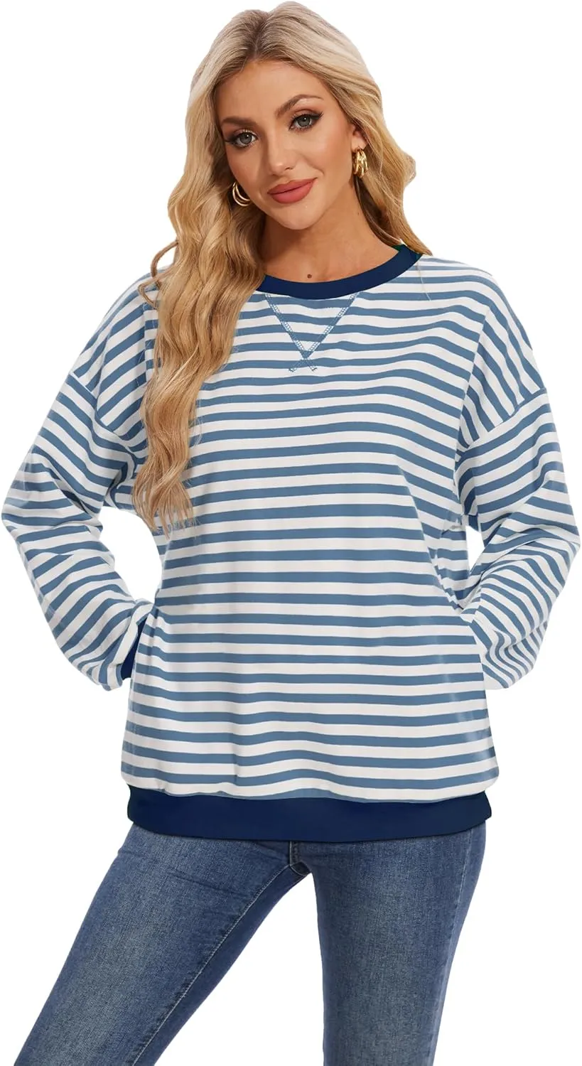 LOZ Women Striped Oversized Sweatshirt Long Sleeve Crewneck Hoodies Shirts Pullover Top Trendy Clothes with Pockets