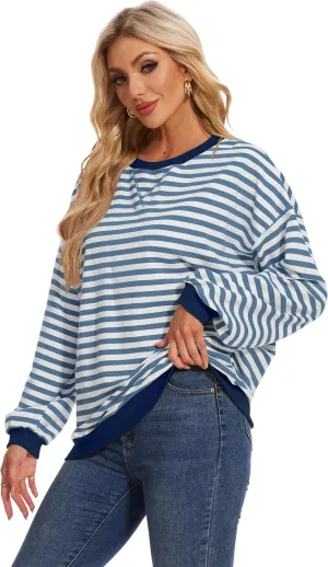 LOZ Women Striped Oversized Sweatshirt Long Sleeve Crewneck Hoodies Shirts Pullover Top Trendy Clothes with Pockets