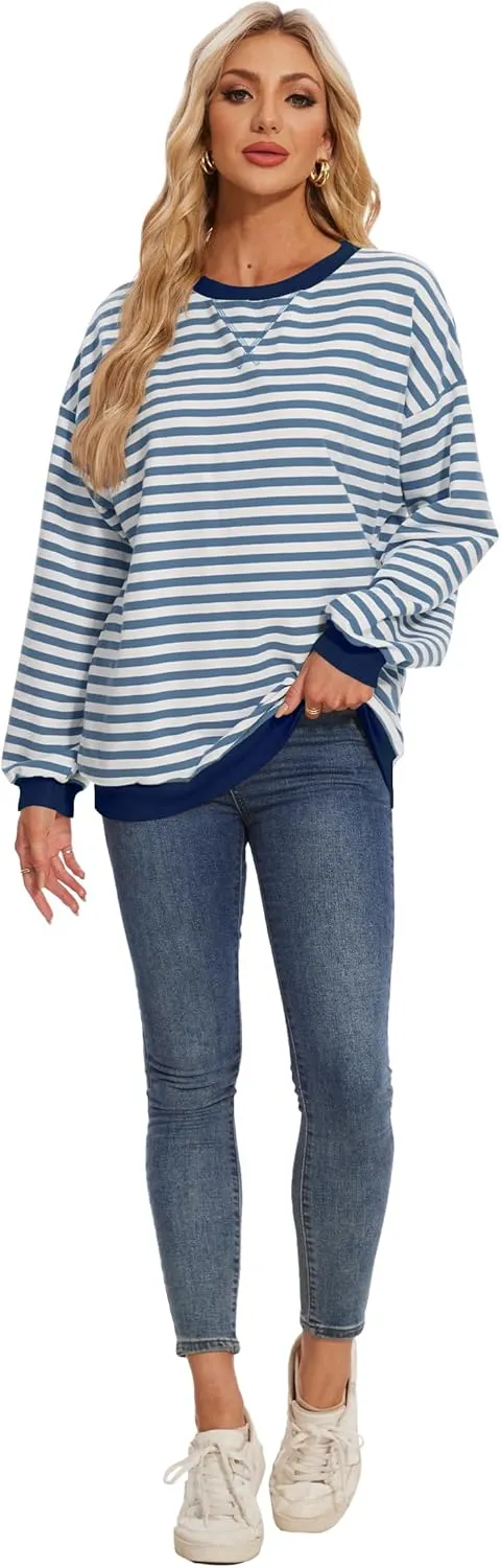 LOZ Women Striped Oversized Sweatshirt Long Sleeve Crewneck Hoodies Shirts Pullover Top Trendy Clothes with Pockets