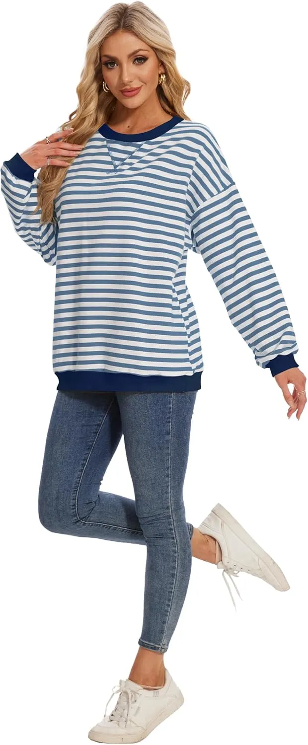LOZ Women Striped Oversized Sweatshirt Long Sleeve Crewneck Hoodies Shirts Pullover Top Trendy Clothes with Pockets