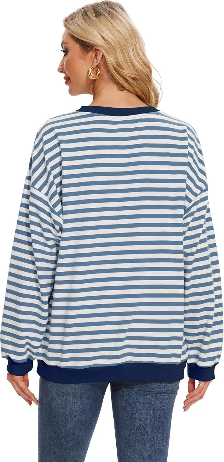 LOZ Women Striped Oversized Sweatshirt Long Sleeve Crewneck Hoodies Shirts Pullover Top Trendy Clothes with Pockets