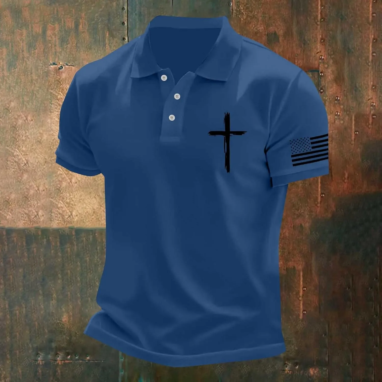 Men's Polo Shirts Christian Cross American Flag Pirnt Golf T-Shirts Summer Short Sleeve Button Down Patriotic Tops