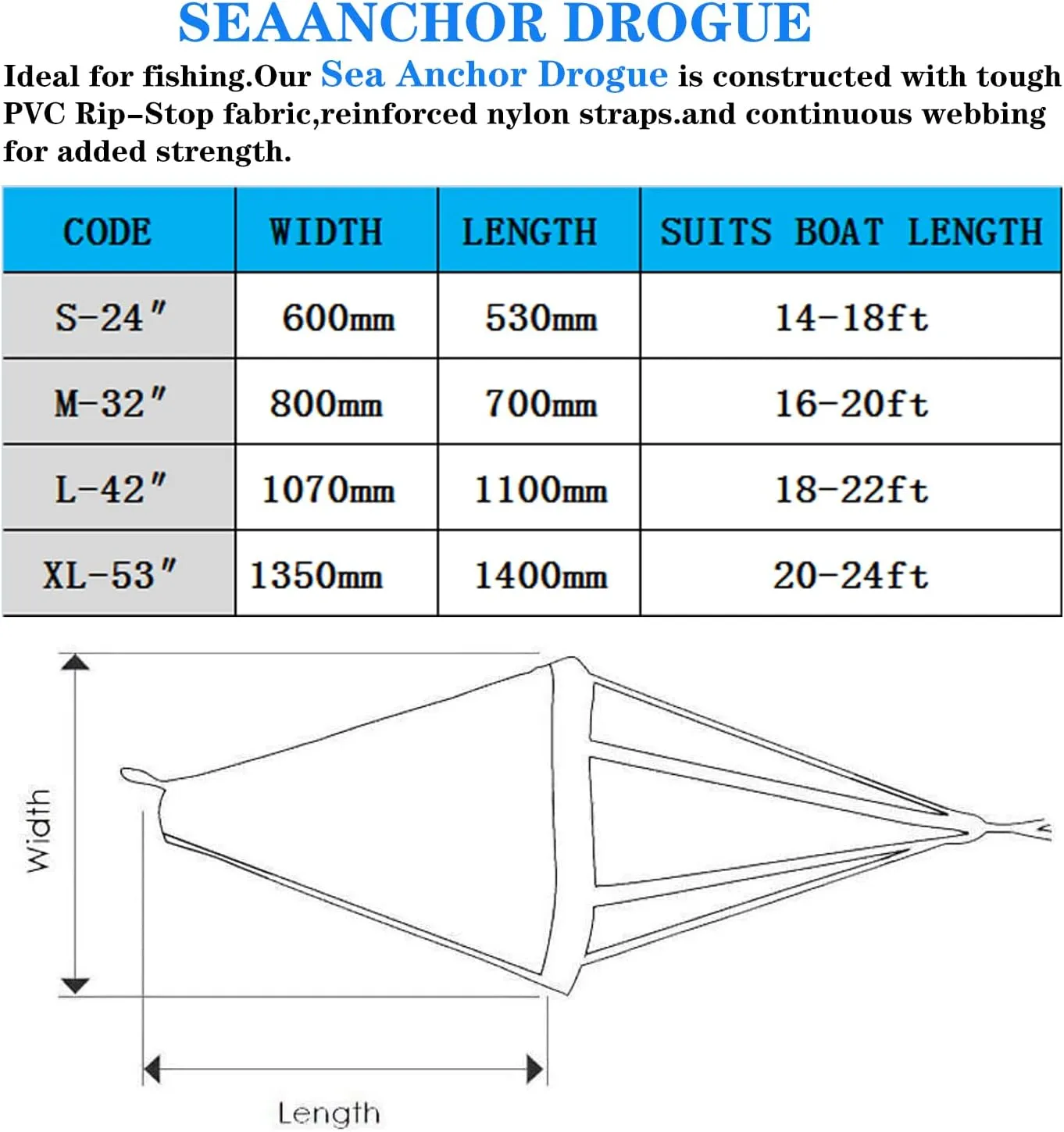 MOOCY Sea Anchor Drift Sock,24/32/42 Trolling Parachute Drift Anchor,Fabric Boat Anchor for Marine Boat/Yacht/Jet Ski/Inflatable/Power Boat/Sail Boat