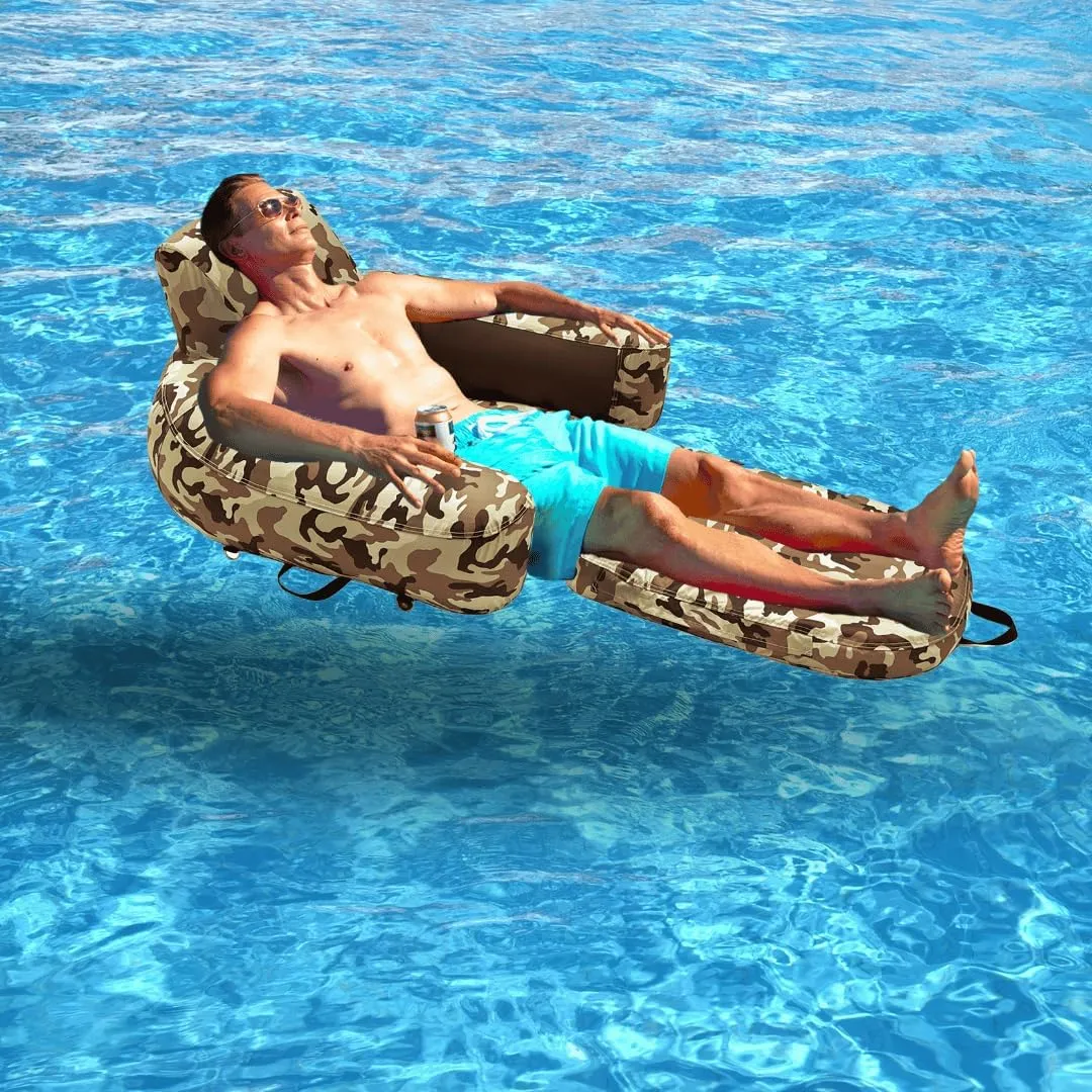 Pool Lounger Inflatable Pool Floats - Pool, Lake, River Floating Lounge Chair Heavy Duty Fabric Pool Raft 2in1 Convertible Chair - Leopard, Camo, Tie-Dye Colors