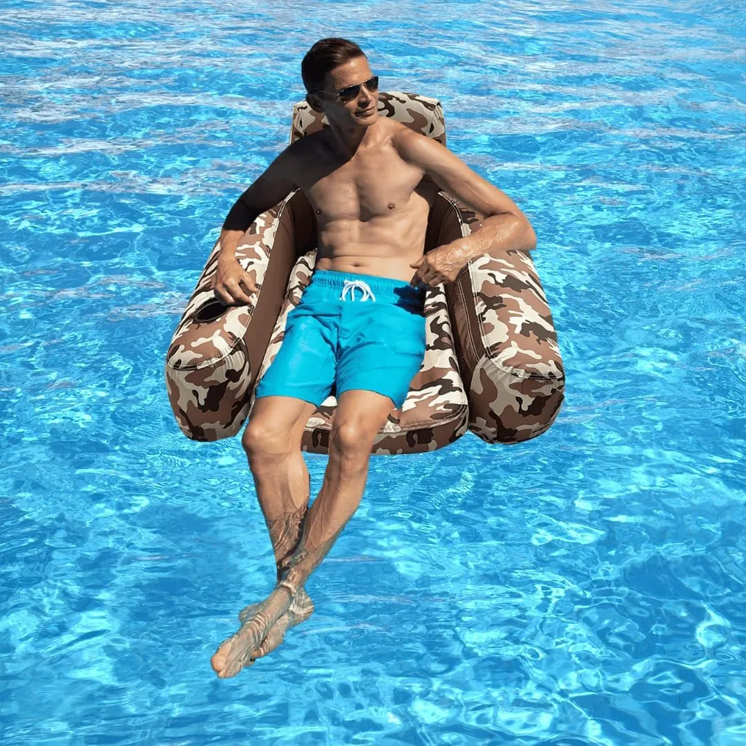 Pool Lounger Inflatable Pool Floats - Pool, Lake, River Floating Lounge Chair Heavy Duty Fabric Pool Raft 2in1 Convertible Chair - Leopard, Camo, Tie-Dye Colors