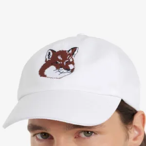 Unisex Large Fox Head Embroidery 6P Cap - White