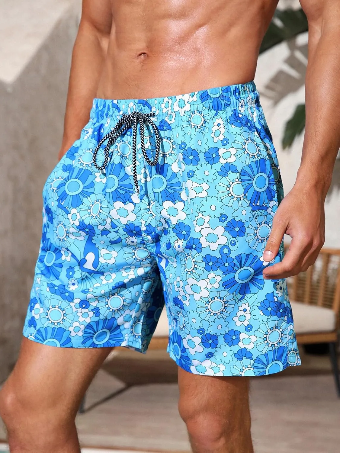 Verdusa Men's Floral Print Drawstring Elastic Waist Swim Trunks Summer Beach Shorts