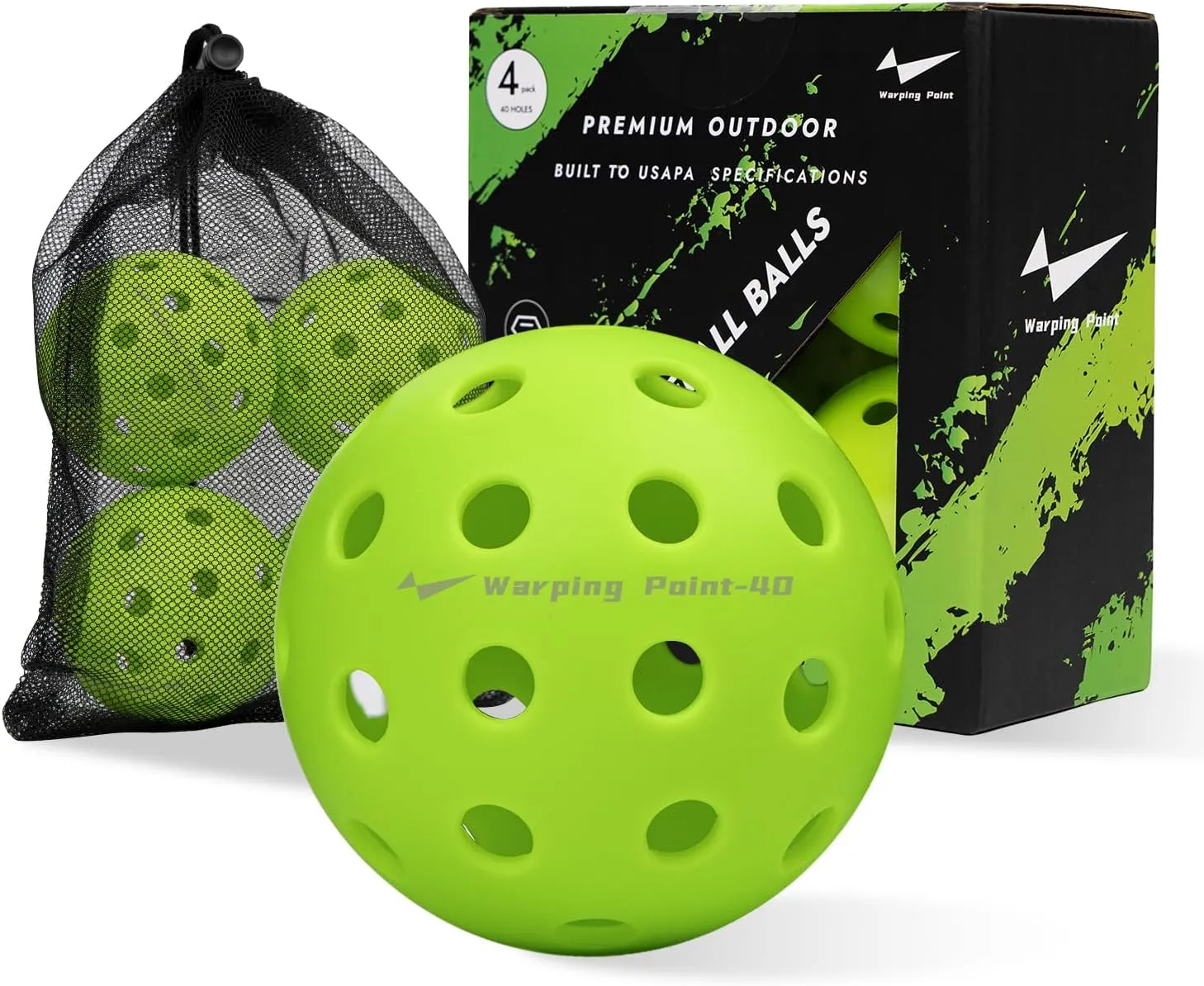 Warping Point Outdoor Pickleball Ball | 40 Holes | 4 Pack, 12 Pack | Meet USAPA Specifications | High Bounce Durable Practice Pickle Ball with Mesh Bag for Beginner Intermediate Player | Yellow, Green