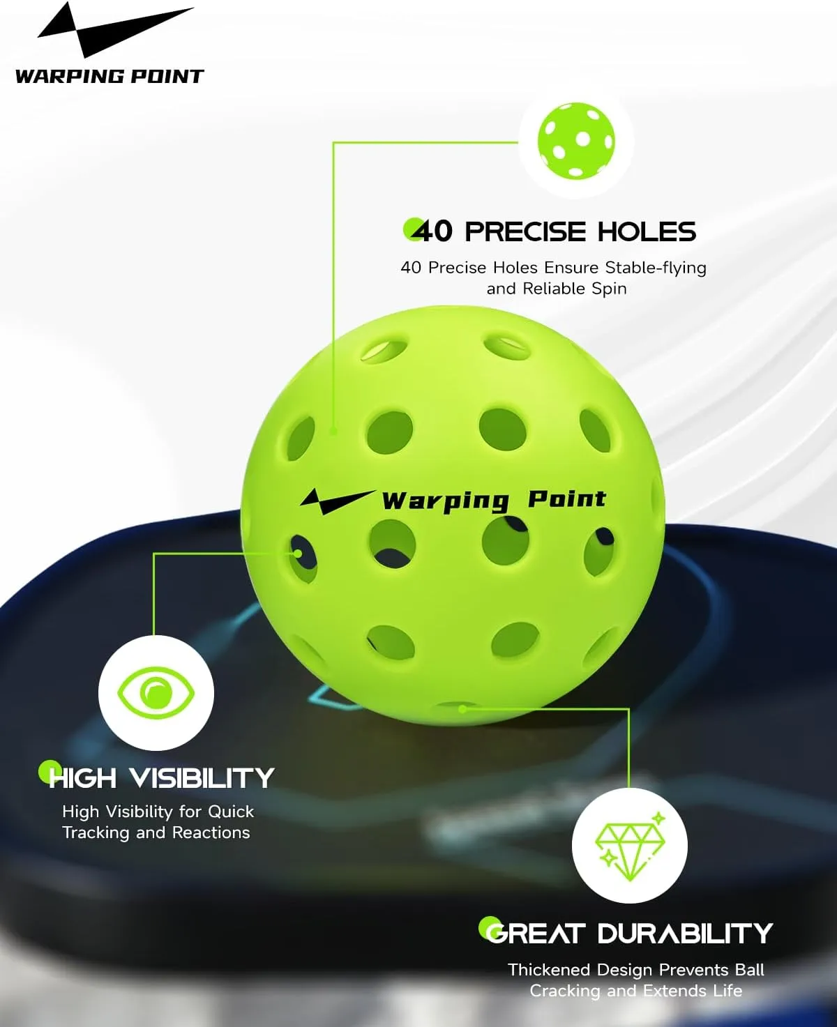 Warping Point Outdoor Pickleball Ball | 40 Holes | 4 Pack, 12 Pack | Meet USAPA Specifications | High Bounce Durable Practice Pickle Ball with Mesh Bag for Beginner Intermediate Player | Yellow, Green