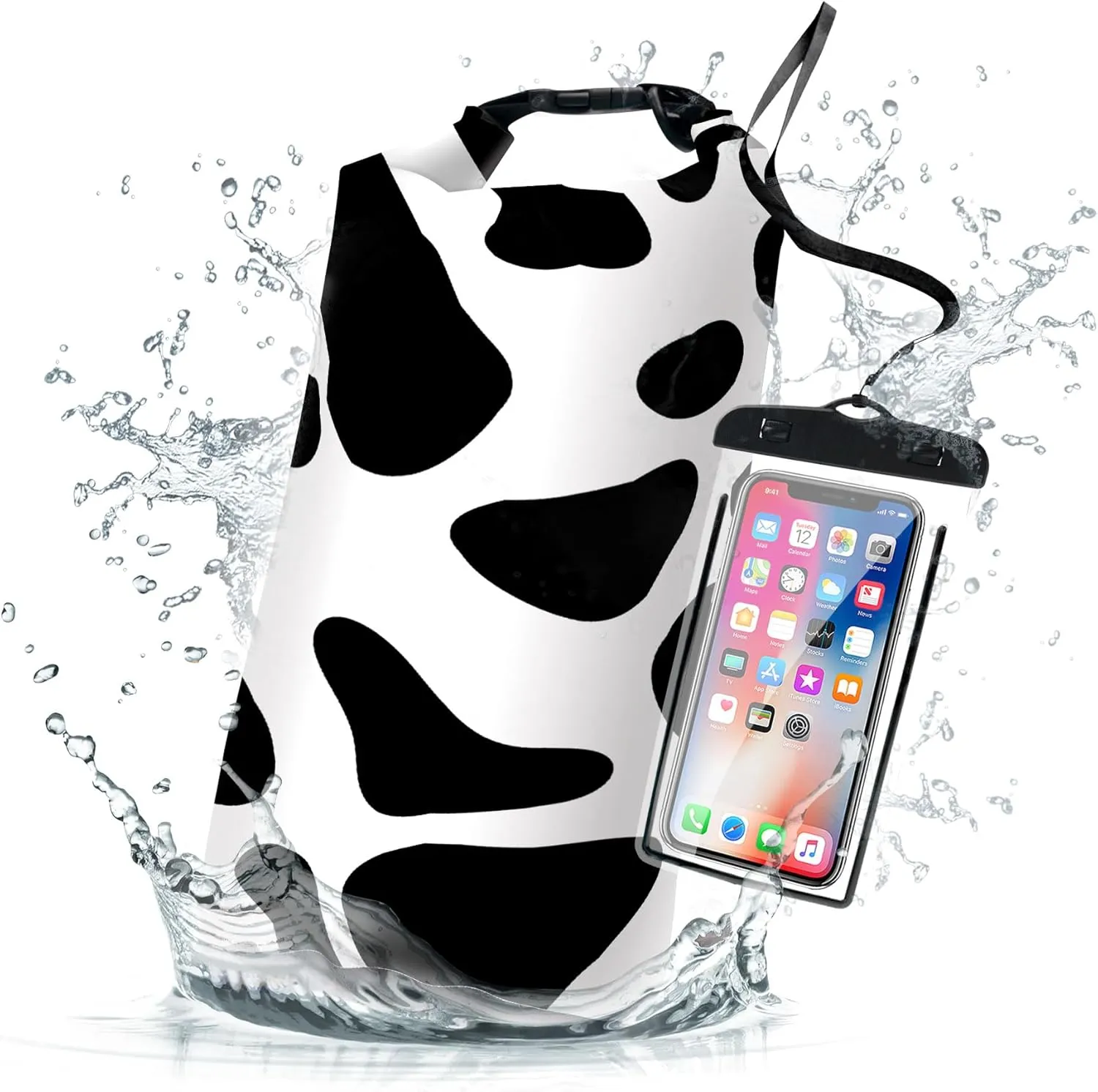 Waterproof Dry Bag,Roll Top Cow Print Black and White Waterproof Backpack 5L/10L/20L Floating and Lightweight Bags for Kayaking, Boating, Fishing, Swimming and Camping with Waterproof Phone Case