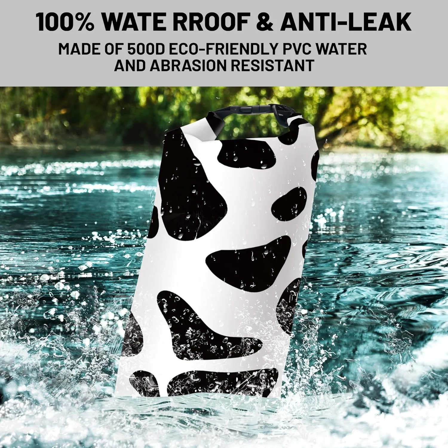 Waterproof Dry Bag,Roll Top Cow Print Black and White Waterproof Backpack 5L/10L/20L Floating and Lightweight Bags for Kayaking, Boating, Fishing, Swimming and Camping with Waterproof Phone Case