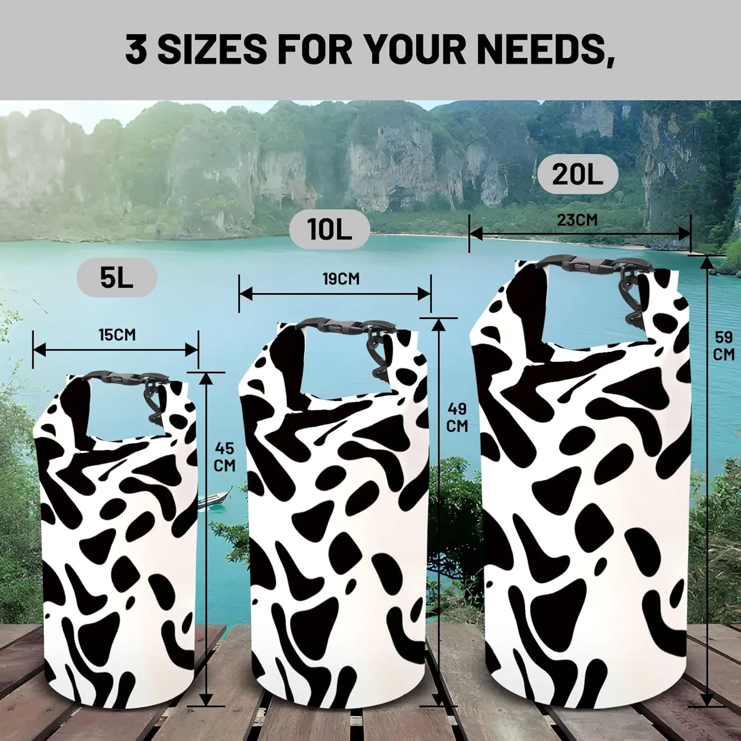 Waterproof Dry Bag,Roll Top Cow Print Black and White Waterproof Backpack 5L/10L/20L Floating and Lightweight Bags for Kayaking, Boating, Fishing, Swimming and Camping with Waterproof Phone Case