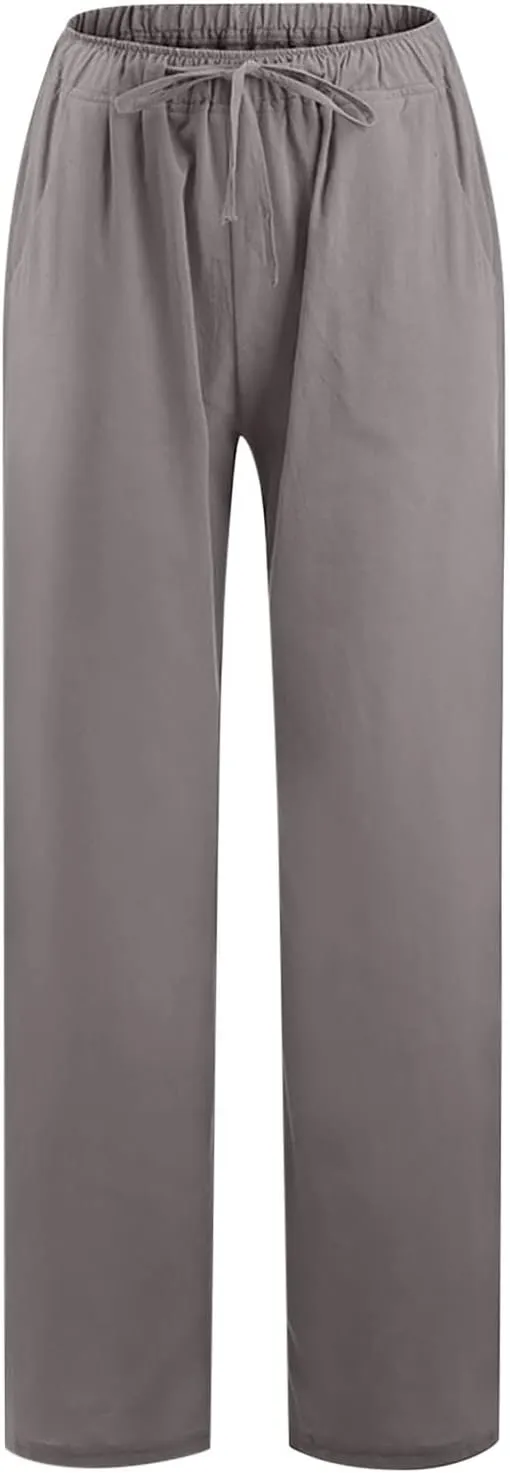 Women's Cotton Linen Pants Summer Casual Wide Leg Pant Loose Drawstring High Waist Palazzo Trousers with Pockets