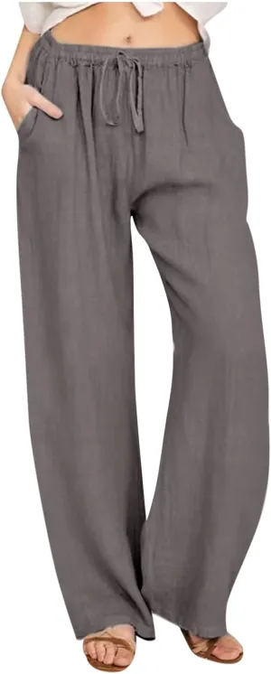 Women's Cotton Linen Pants Summer Casual Wide Leg Pant Loose Drawstring High Waist Palazzo Trousers with Pockets