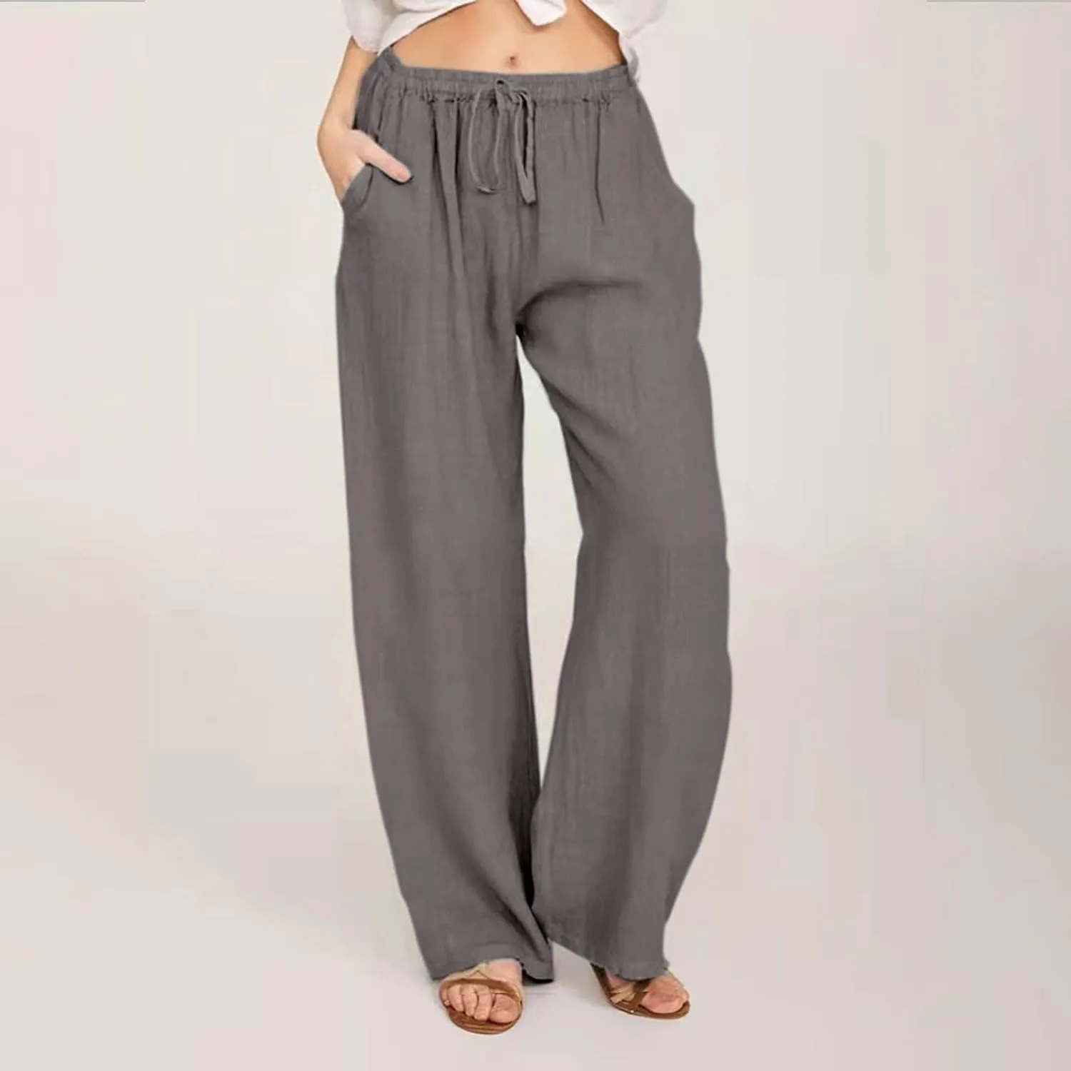 Women's Cotton Linen Pants Summer Casual Wide Leg Pant Loose Drawstring High Waist Palazzo Trousers with Pockets
