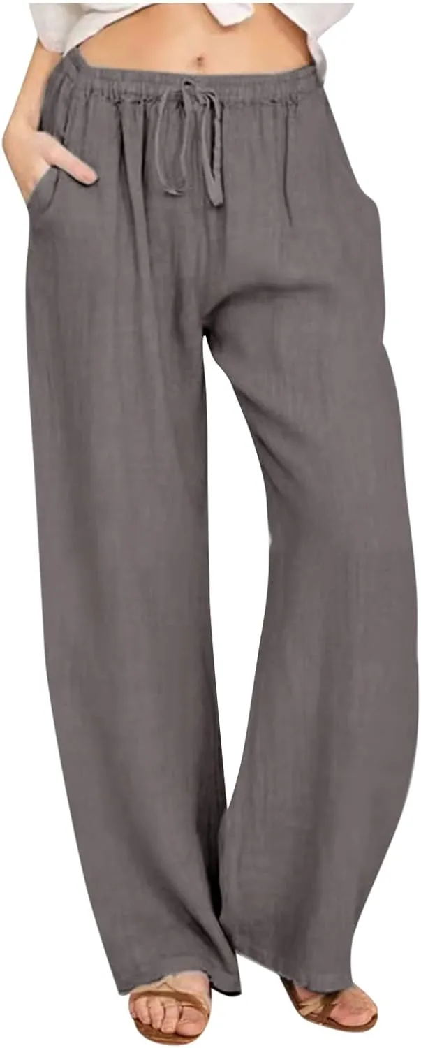 Women's Cotton Linen Pants Summer Casual Wide Leg Pant Loose Drawstring High Waist Palazzo Trousers with Pockets