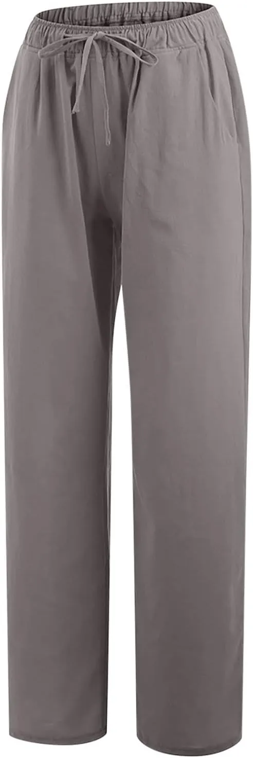 Women's Cotton Linen Pants Summer Casual Wide Leg Pant Loose Drawstring High Waist Palazzo Trousers with Pockets