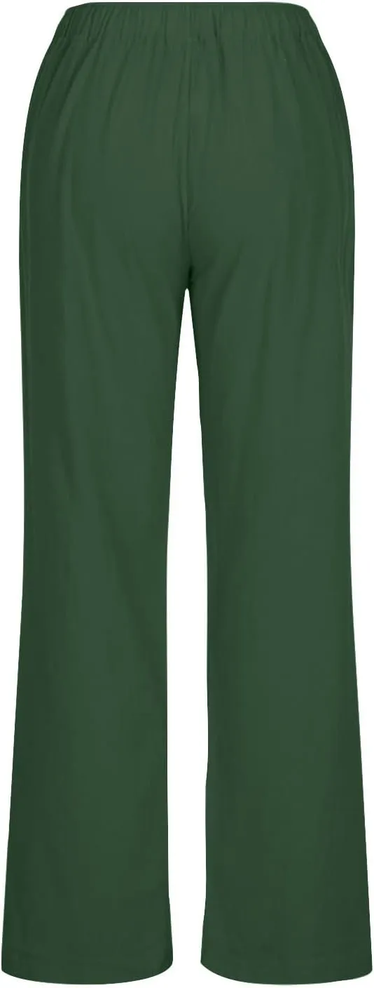 Women's Cotton Linen Pants Summer Casual Wide Leg Pant Loose Drawstring High Waist Palazzo Trousers with Pockets