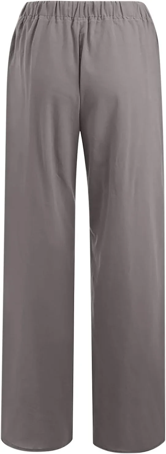 Women's Cotton Linen Pants Summer Casual Wide Leg Pant Loose Drawstring High Waist Palazzo Trousers with Pockets
