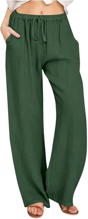 Women's Cotton Linen Pants Summer Casual Wide Leg Pant Loose Drawstring High Waist Palazzo Trousers with Pockets