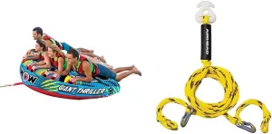 WOW Sports 680lb 1-4 Person Giant Thriller Towable Tube Bundle with Airhead 16ft Heavy Duty Tow Harness for Towables