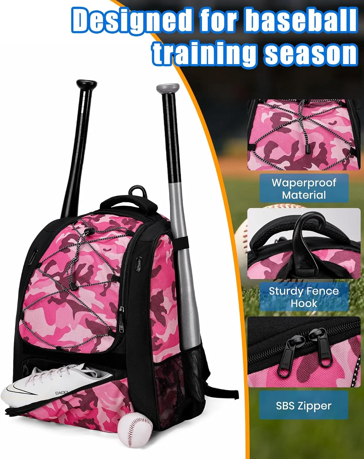 Youth Baseball Bag-Baseball Backpack for T-Ball&Softball Equipment with Fence Hook,Bat&Glove Holder,Large Main Compartment for Helmet,Accessories,Shoes Compartment