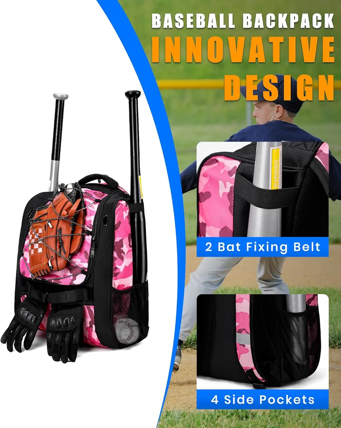Youth Baseball Bag-Baseball Backpack for T-Ball&Softball Equipment with Fence Hook,Bat&Glove Holder,Large Main Compartment for Helmet,Accessories,Shoes Compartment