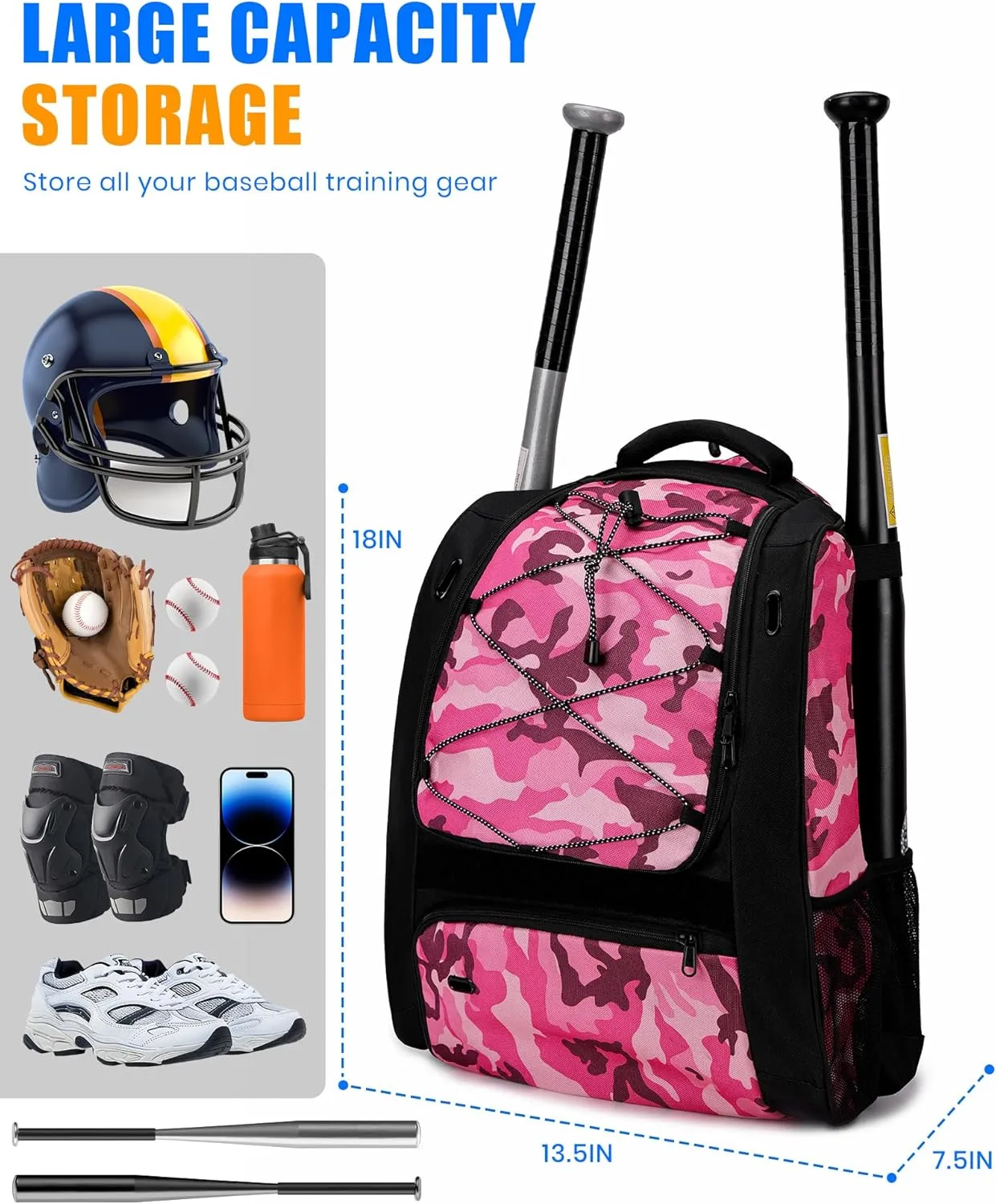 Youth Baseball Bag-Baseball Backpack for T-Ball&Softball Equipment with Fence Hook,Bat&Glove Holder,Large Main Compartment for Helmet,Accessories,Shoes Compartment