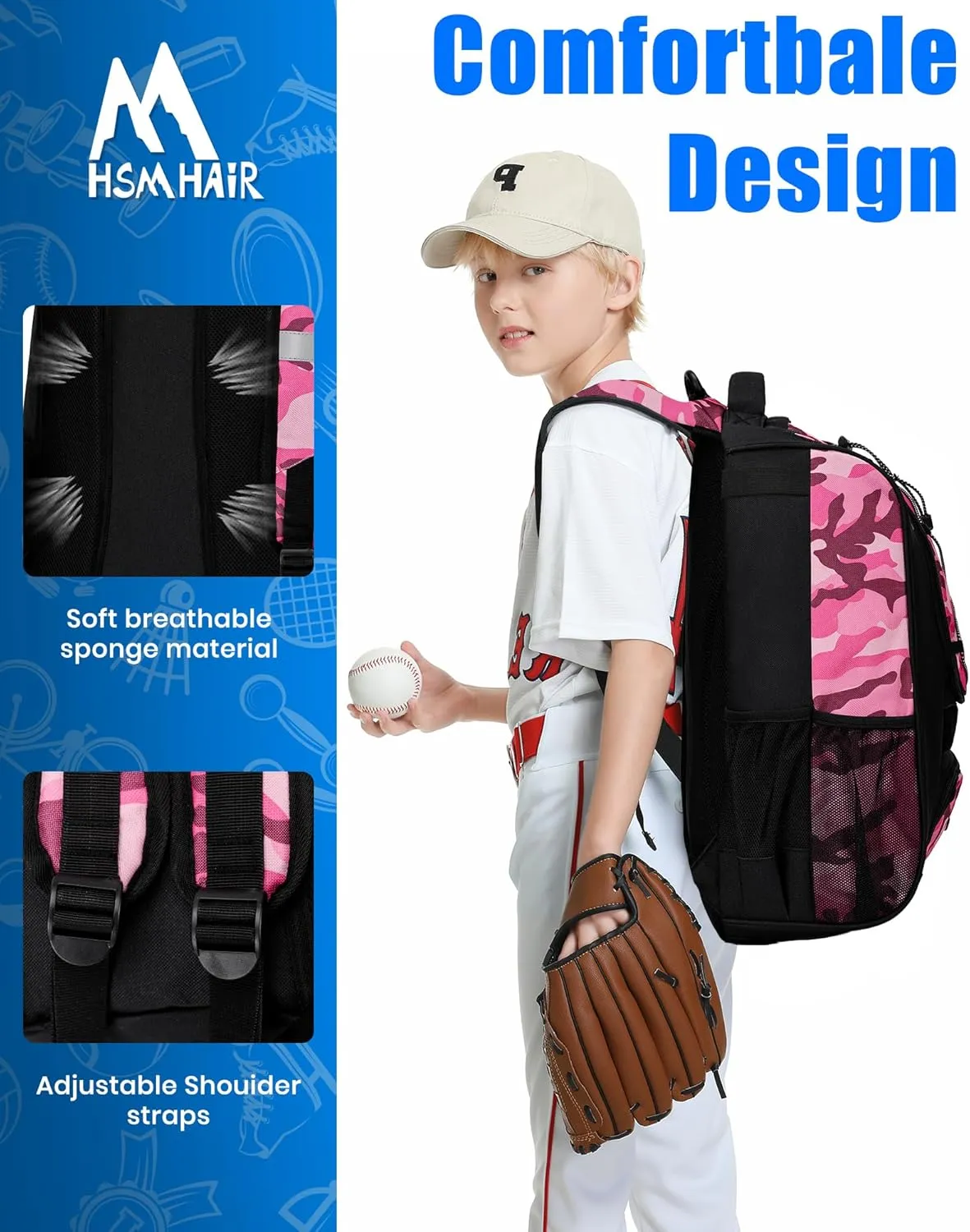 Youth Baseball Bag-Baseball Backpack for T-Ball&Softball Equipment with Fence Hook,Bat&Glove Holder,Large Main Compartment for Helmet,Accessories,Shoes Compartment