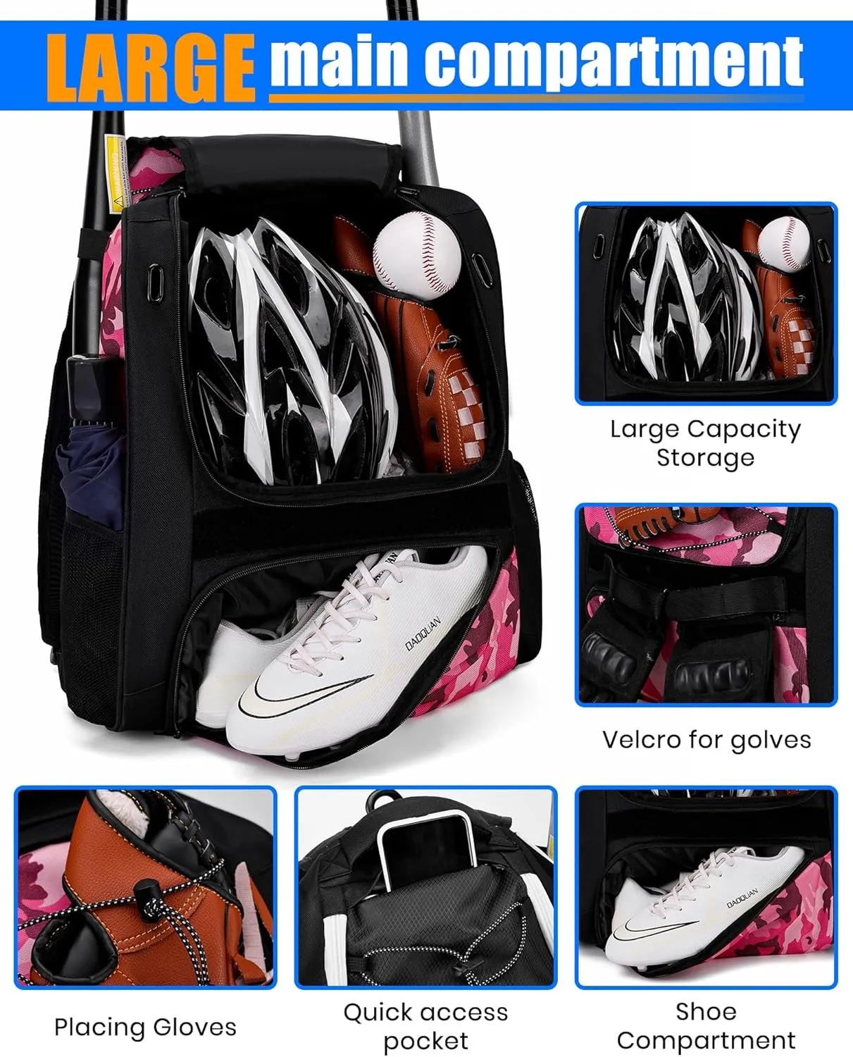 Youth Baseball Bag-Baseball Backpack for T-Ball&Softball Equipment with Fence Hook,Bat&Glove Holder,Large Main Compartment for Helmet,Accessories,Shoes Compartment