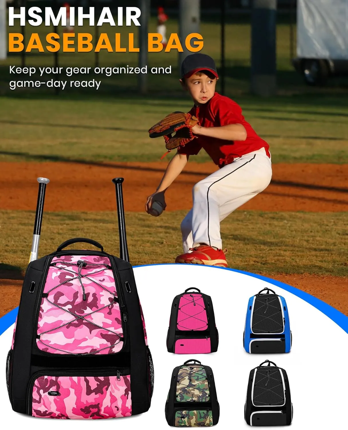Youth Baseball Bag-Baseball Backpack for T-Ball&Softball Equipment with Fence Hook,Bat&Glove Holder,Large Main Compartment for Helmet,Accessories,Shoes Compartment
